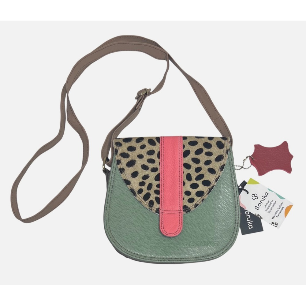 Soruka Ferrara Leather Crossbody Bag Green Pink Calf Hair Animal Print Purse NEW